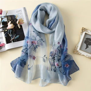 2021 Luxury Ombre Color Flora Embroidery Flora Silk Scarves